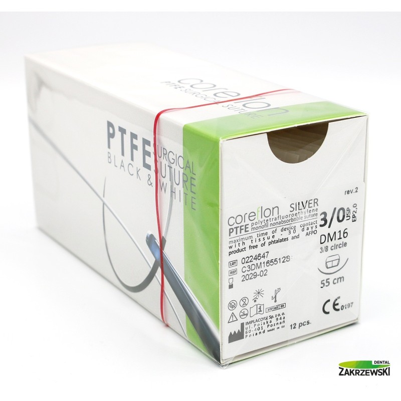 Нить chir. Coreflon Silver 3/0 55см, игла 16 мм, 3/8 круга, 12 шт.